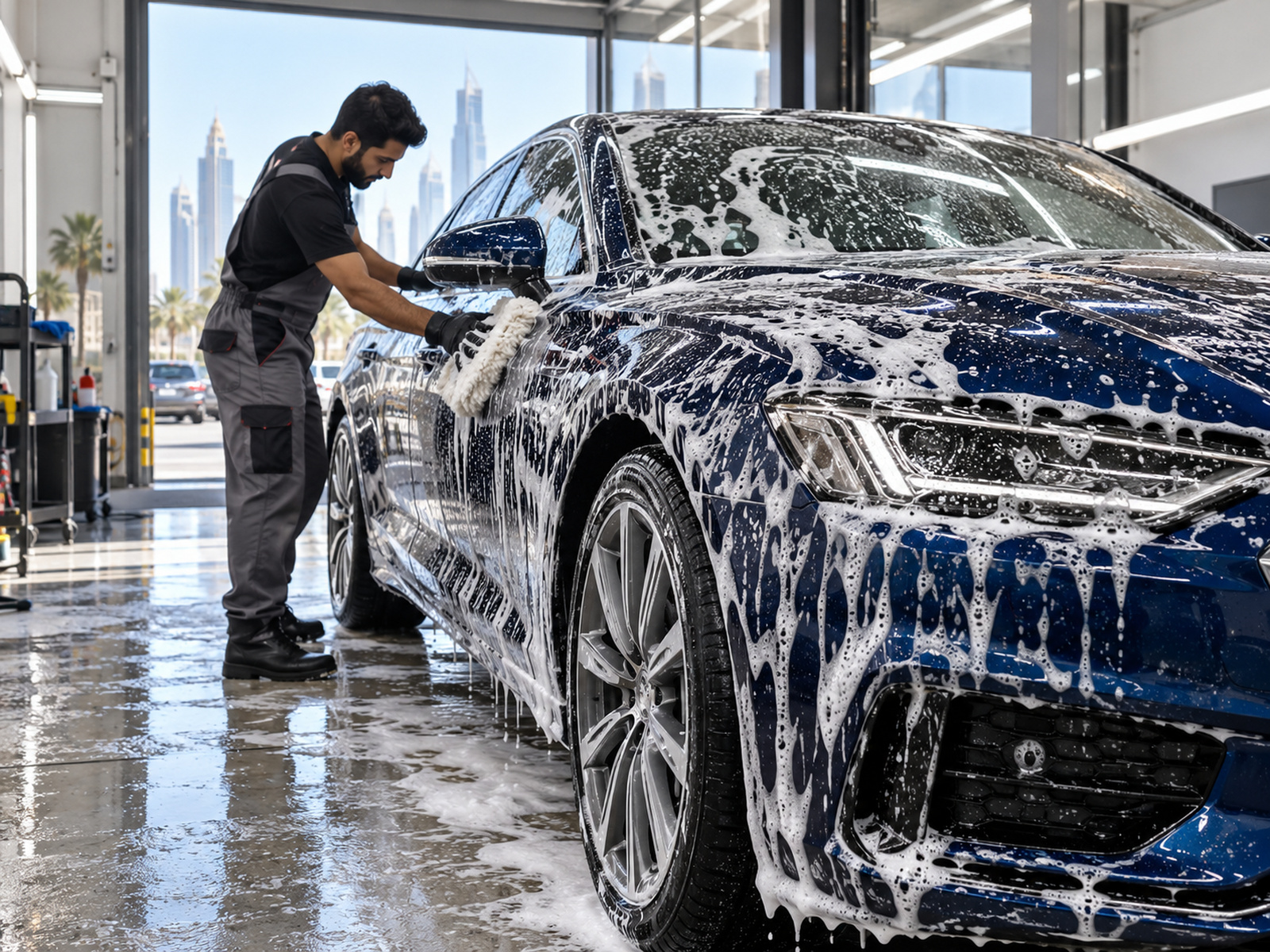 Hand washing a car with thick foam, water droplets, bright workshop