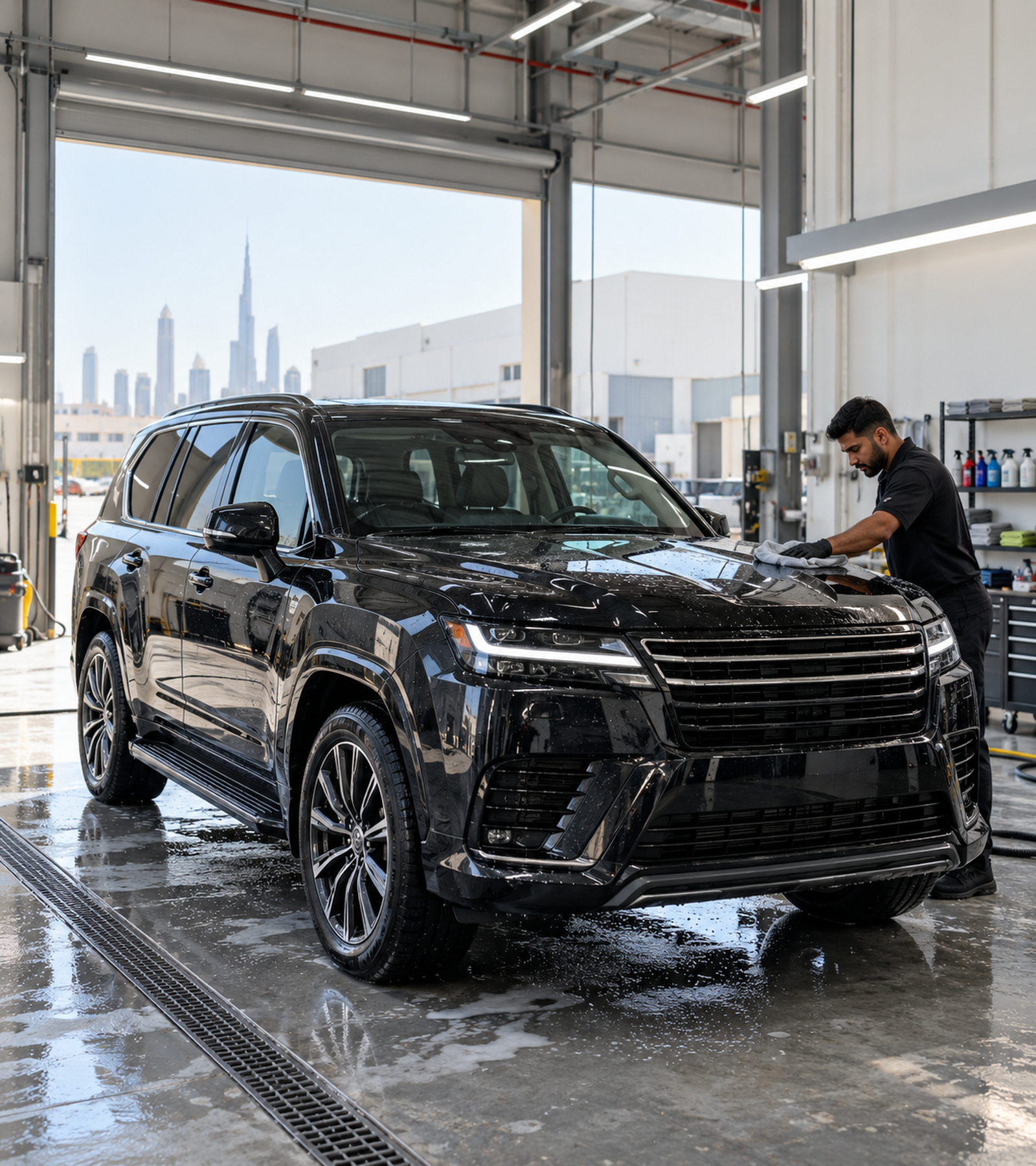 Clean dark SUV in a bright Al Quoz warehouse detailing bay, soft daylight, generic unbranded car, no logo, no plate