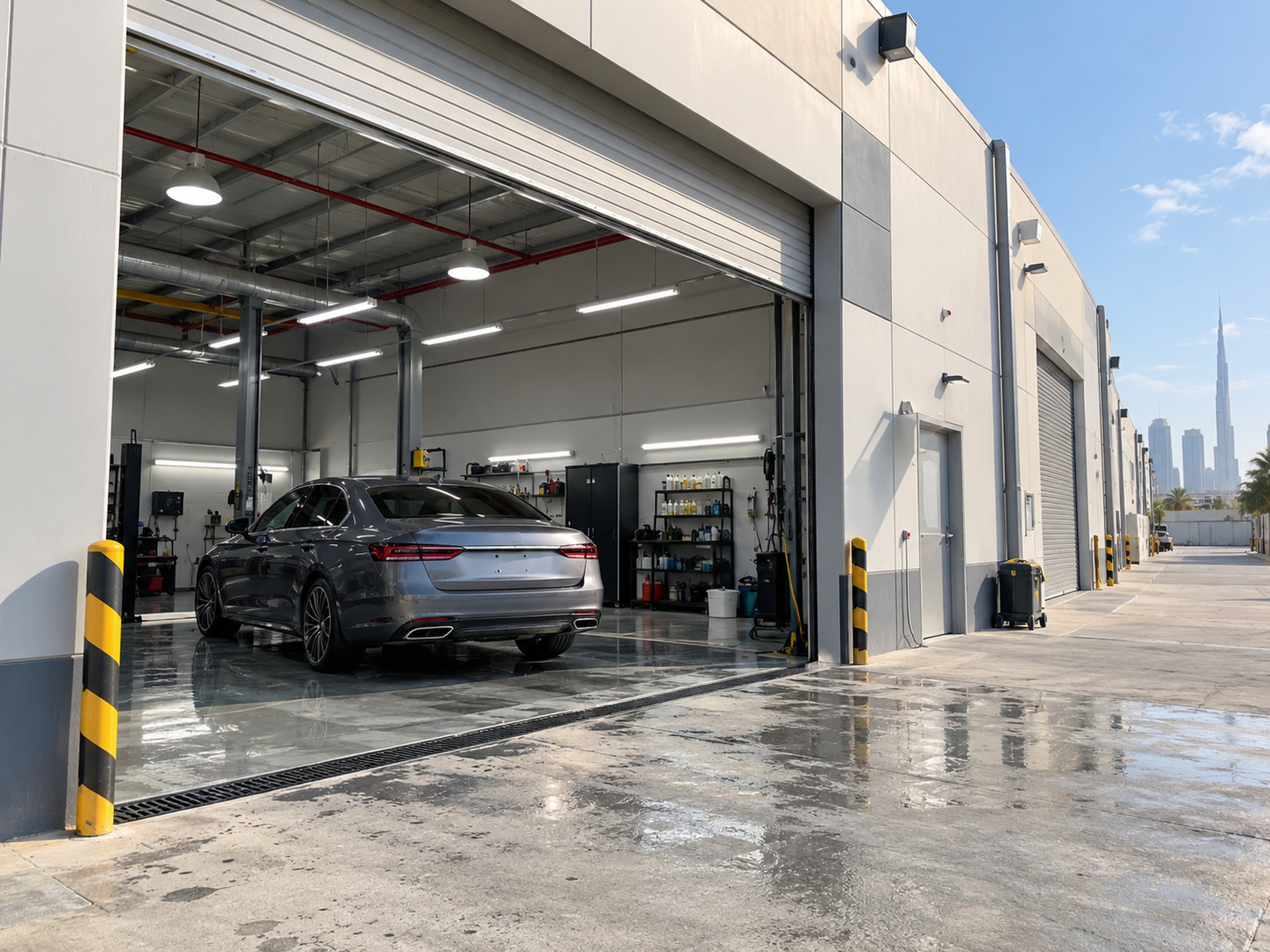 Exterior of a modern warehouse unit in Al Quoz industrial area with an open roller door, no readable signs